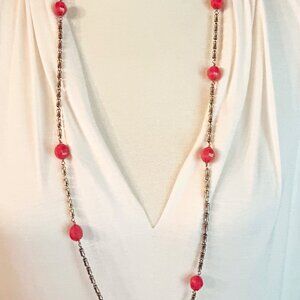 J Crew Gold-Tone Necklace w Tube Shaped Beads and Red Faceted Beads